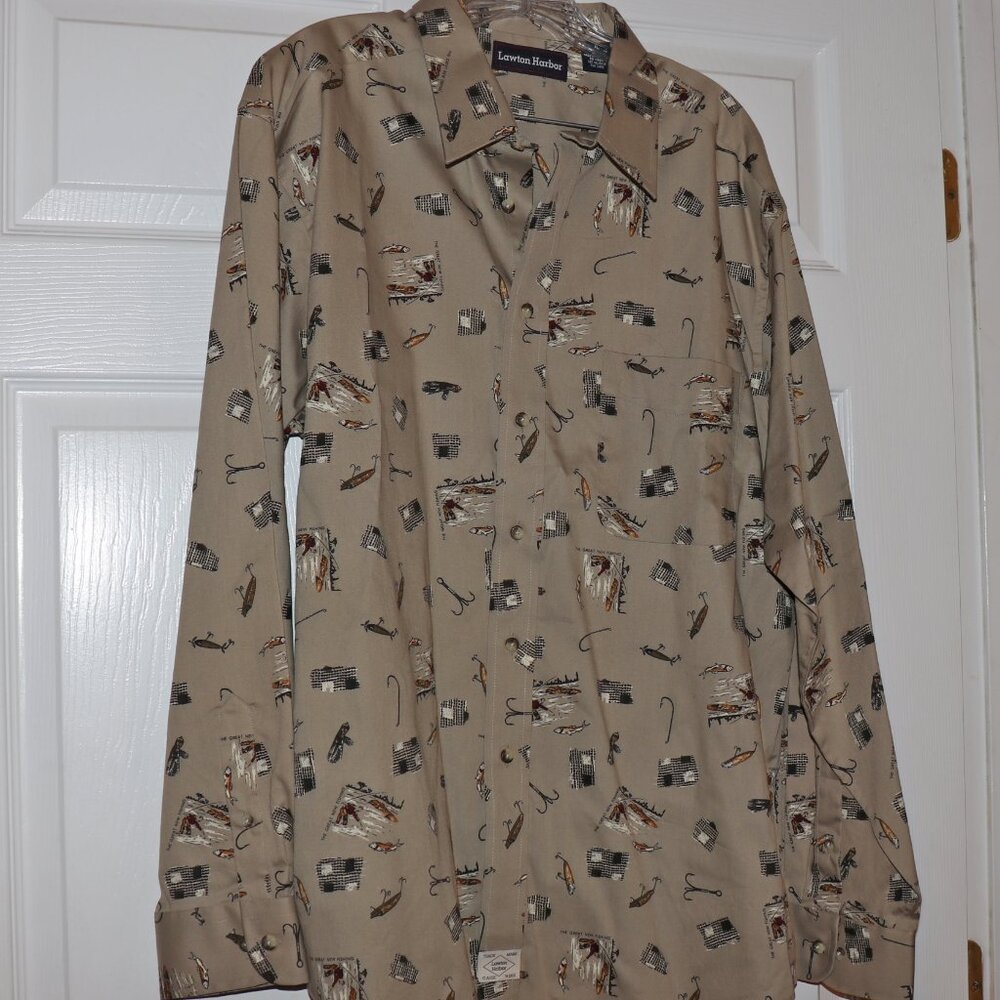 NWOT Lawton Harbor Fly Fishing Theme Trout Great Fishing Light Brown Men's XL